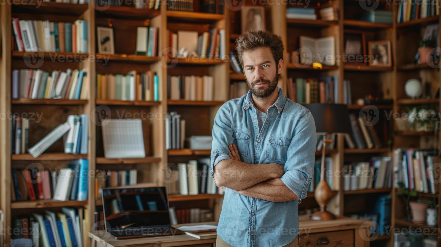 A man standing in front of a bookshelf with a laptop photo