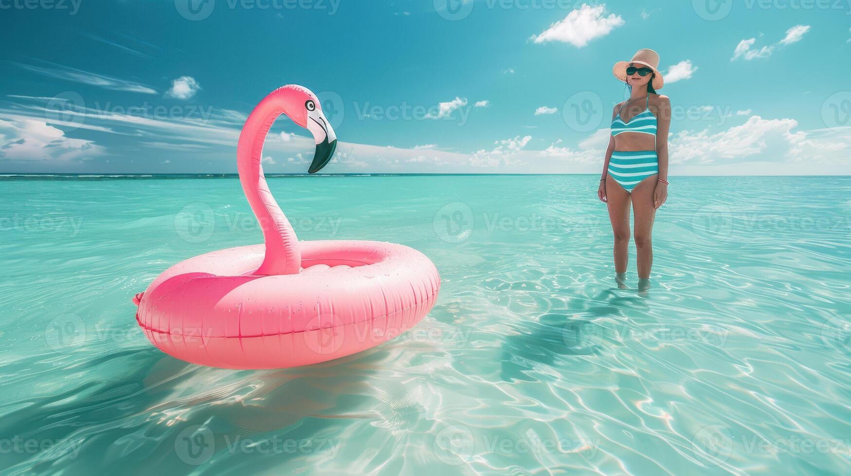 The woman with inflatable flamingo. photo