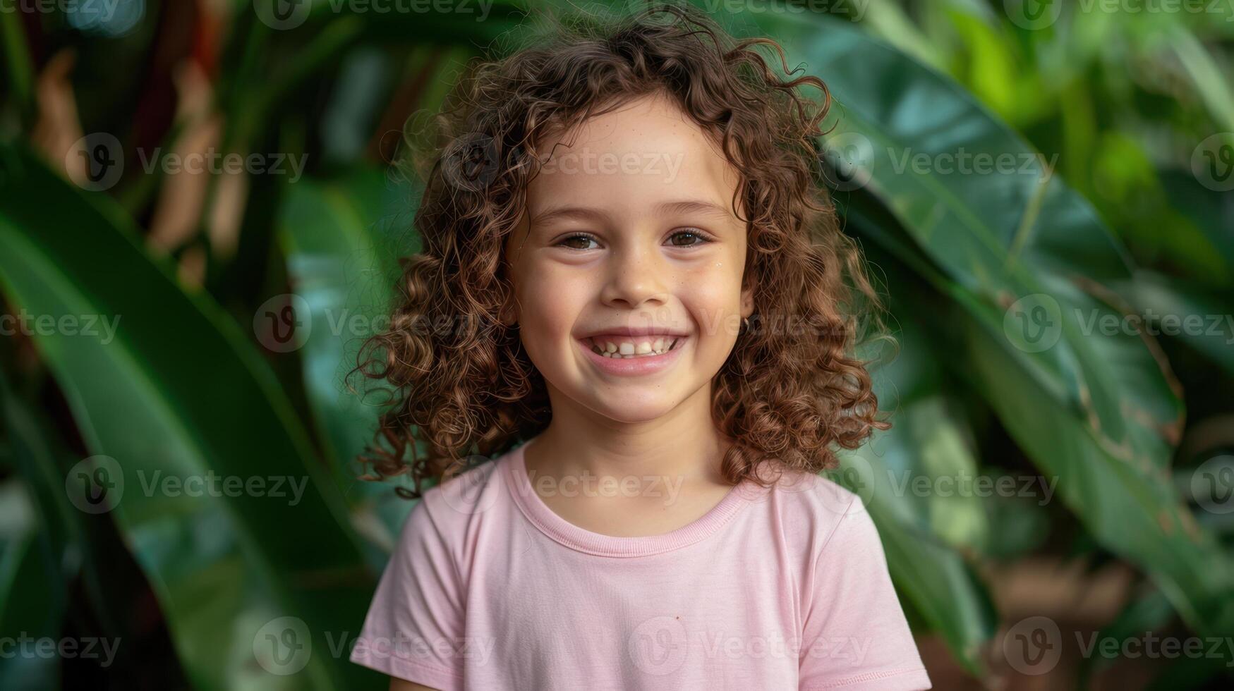 A little girl with curly hair is smiling in front of green plants photo