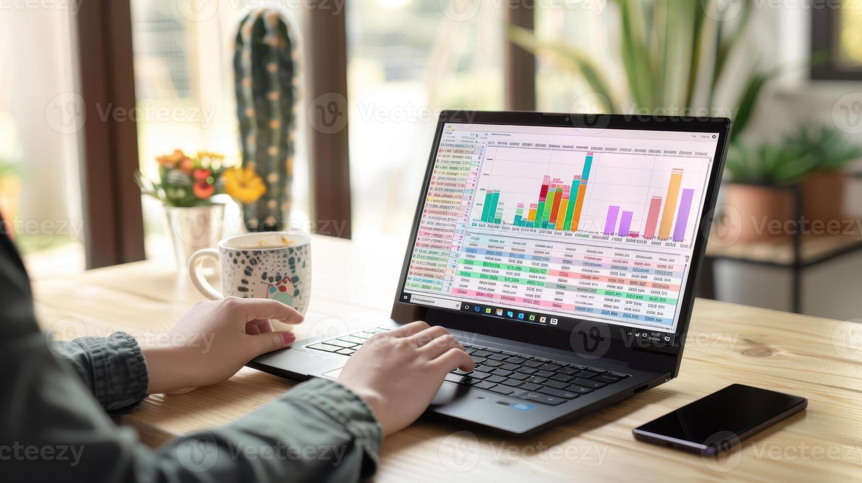 A person using a laptop to view a graph on a screen photo