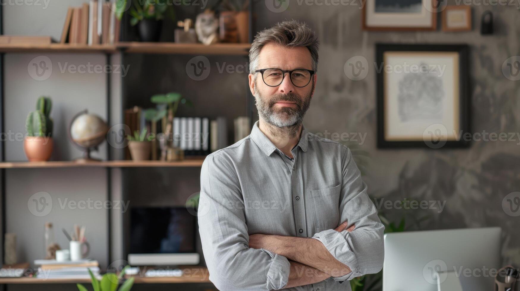 A man with glasses standing in front of a desk photo