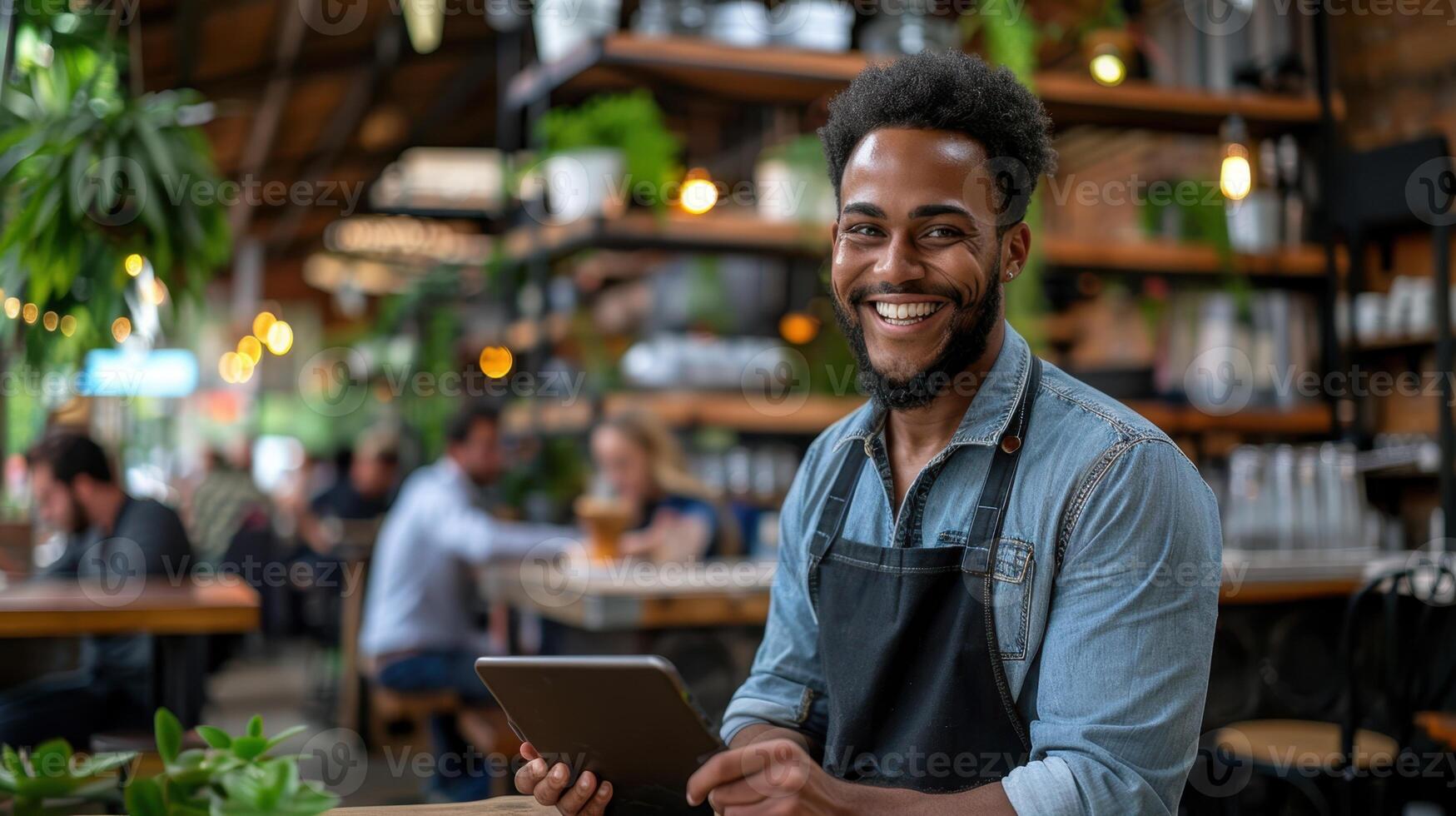 A smiling man in an apron holding a tablet photo