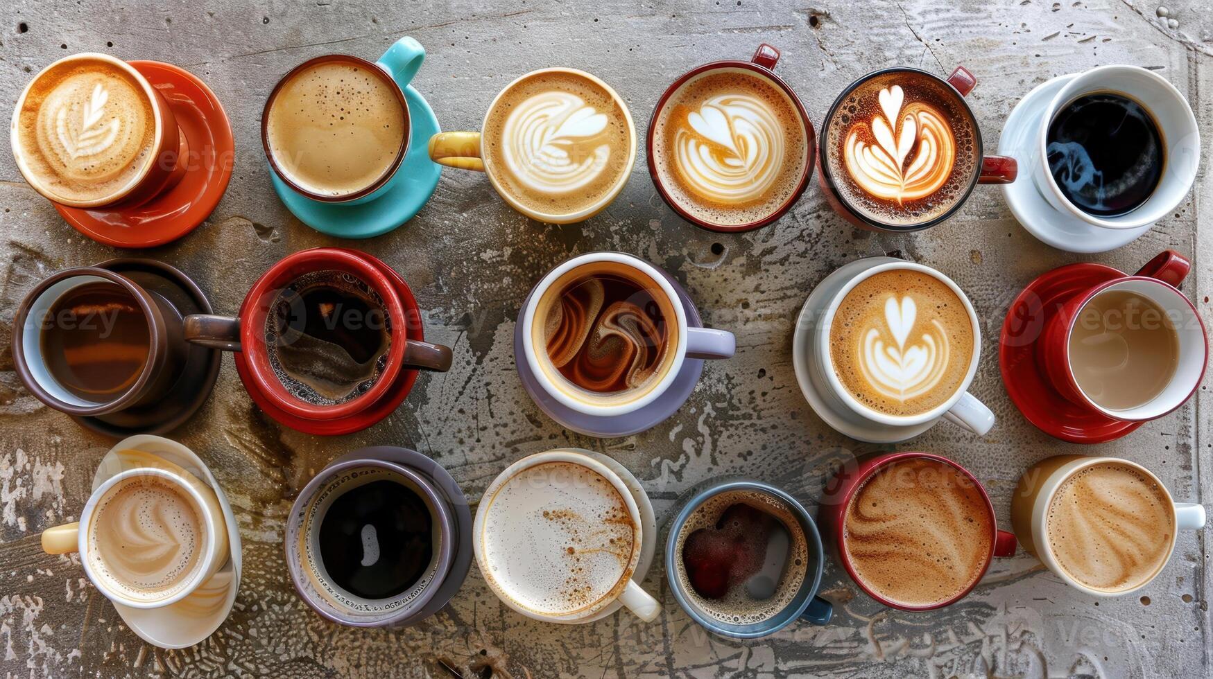 Many different types of coffee cups are arranged in a row photo