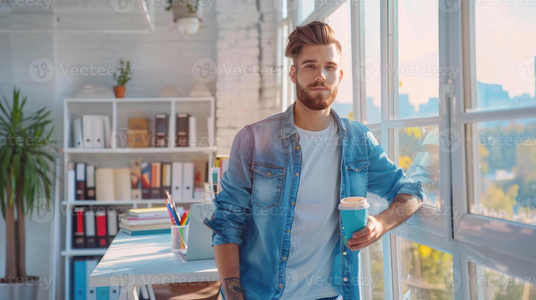 A man with a beard and a blue shirt is standing in front of a window photo