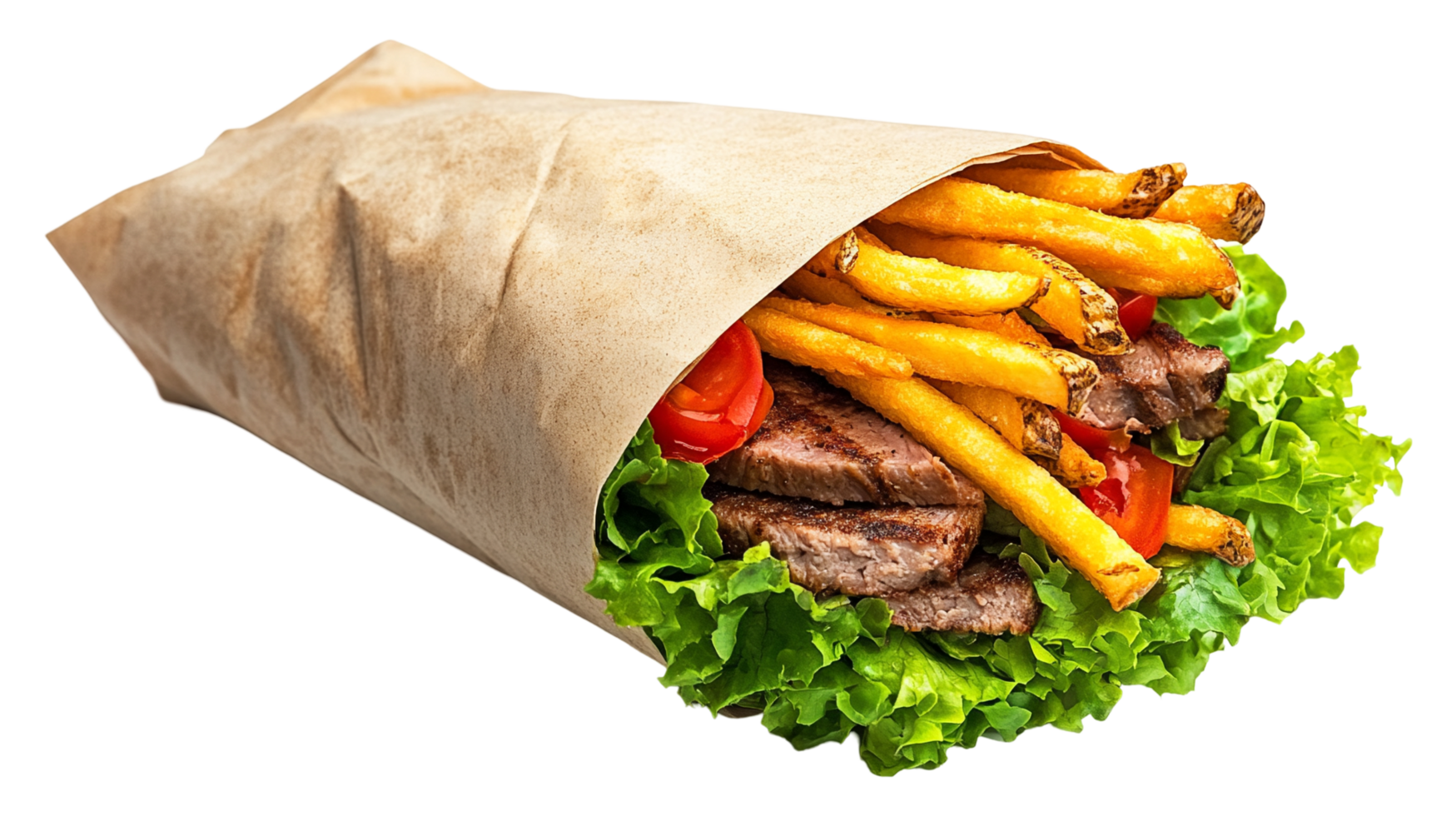 Delicious Gourmet Beef Wrap with Crispy Fries and Fresh Vegetables png