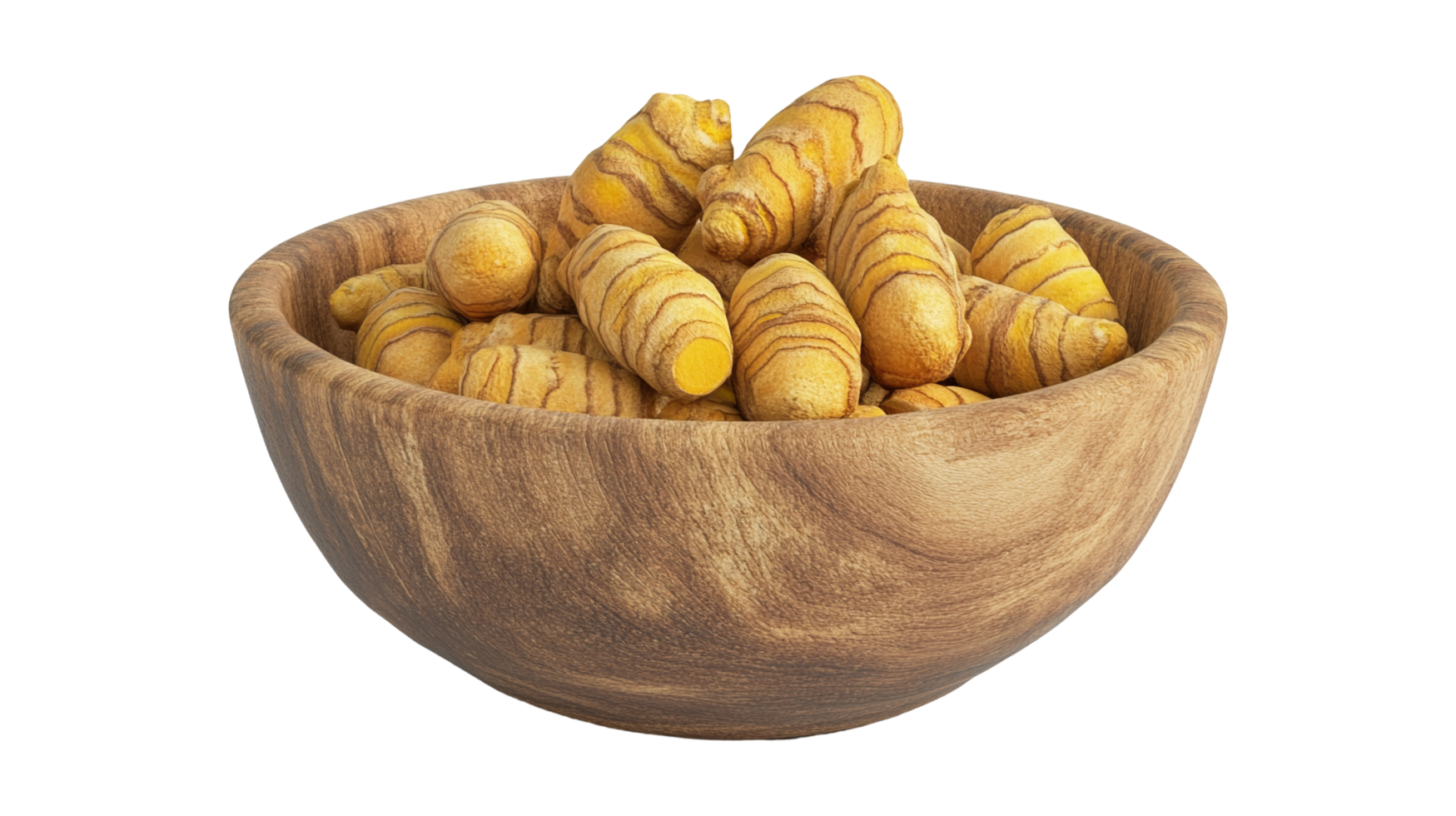 Organic Turmeric Roots in Wooden Bowl png