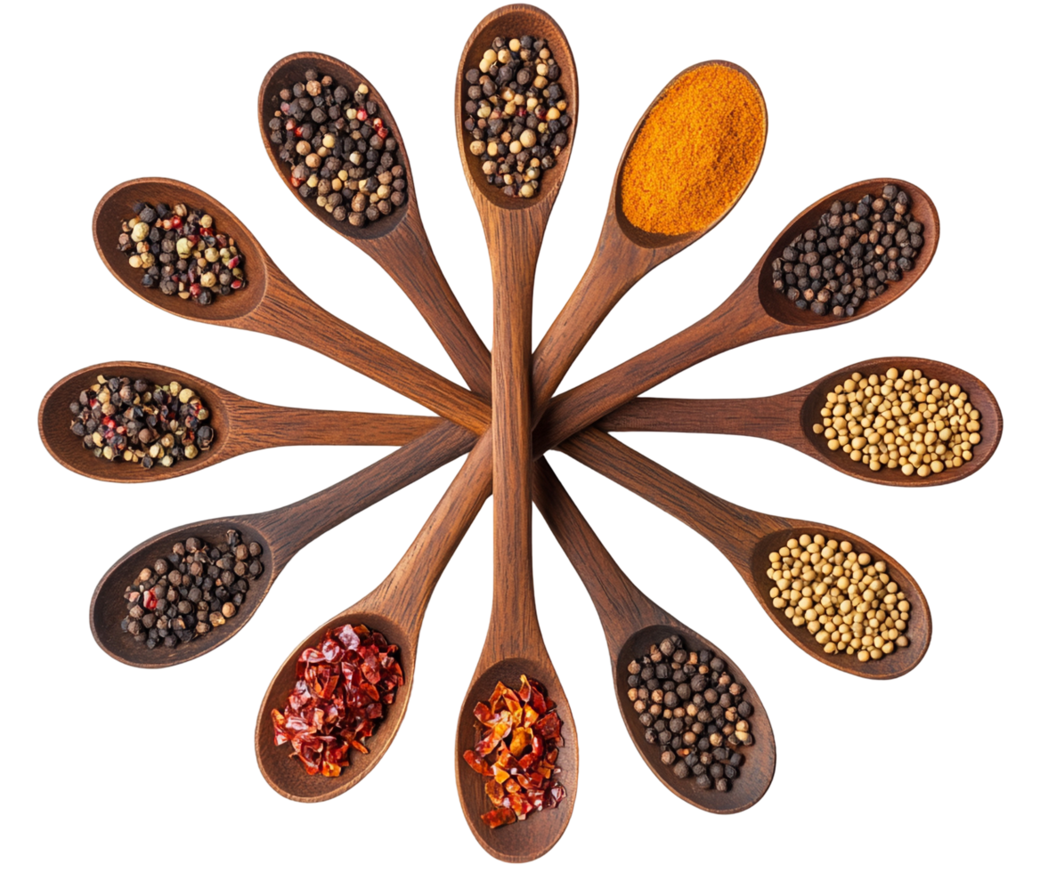 Colorful Spices on Wooden Spoons Culinary Essentials png