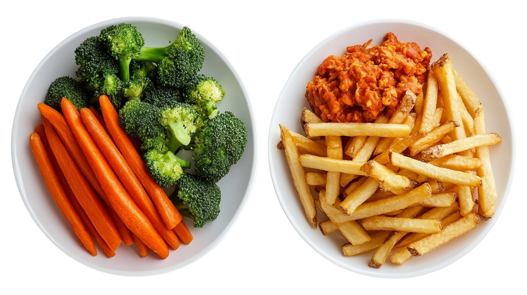 Healthy Vs Indulgent Vibrant Vegetables and Crispy French Fries on Display png