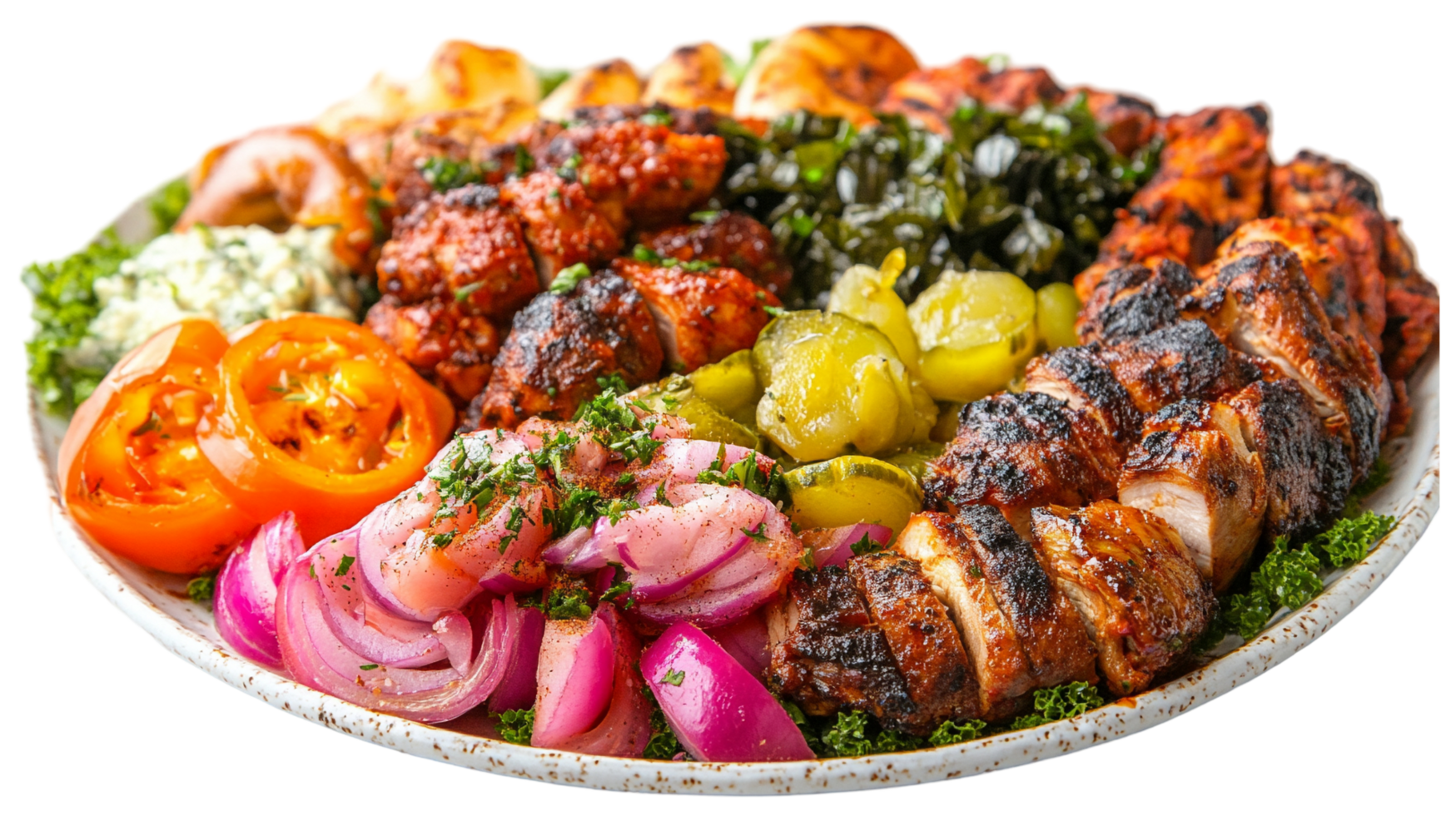 Delicious Mediterranean Grilled Meat Platter with Fresh Vegetables png