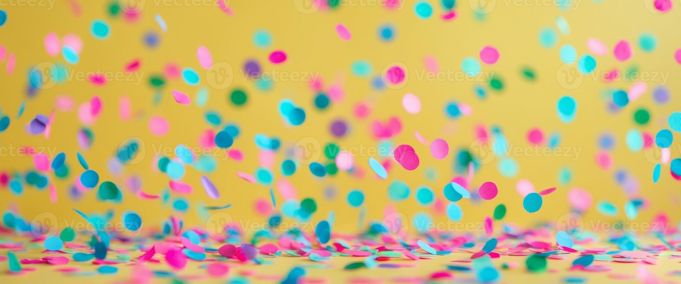 Yellow colorful background with confetti of various colors. photo