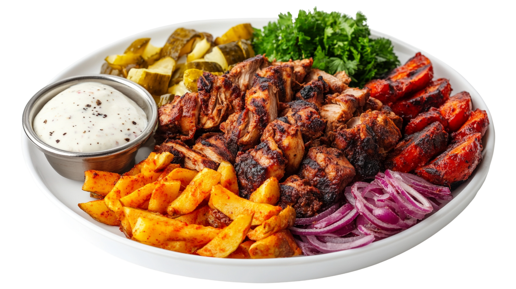 Delicious Middle Eastern Shawarma Platter with Fresh Vegetables and Sauce png