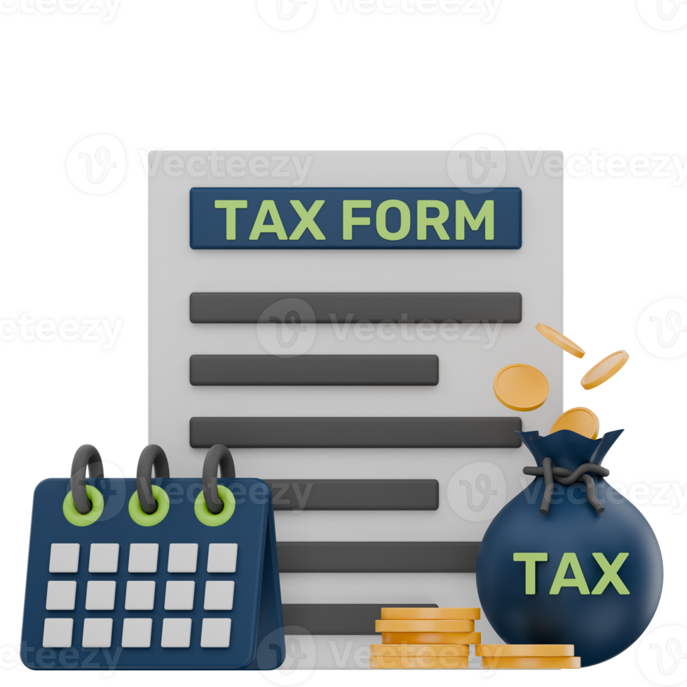 3D Tax Form with Golden Coin Bag and Calendar Icon Representing Tax Filing and Payment Deadlines png