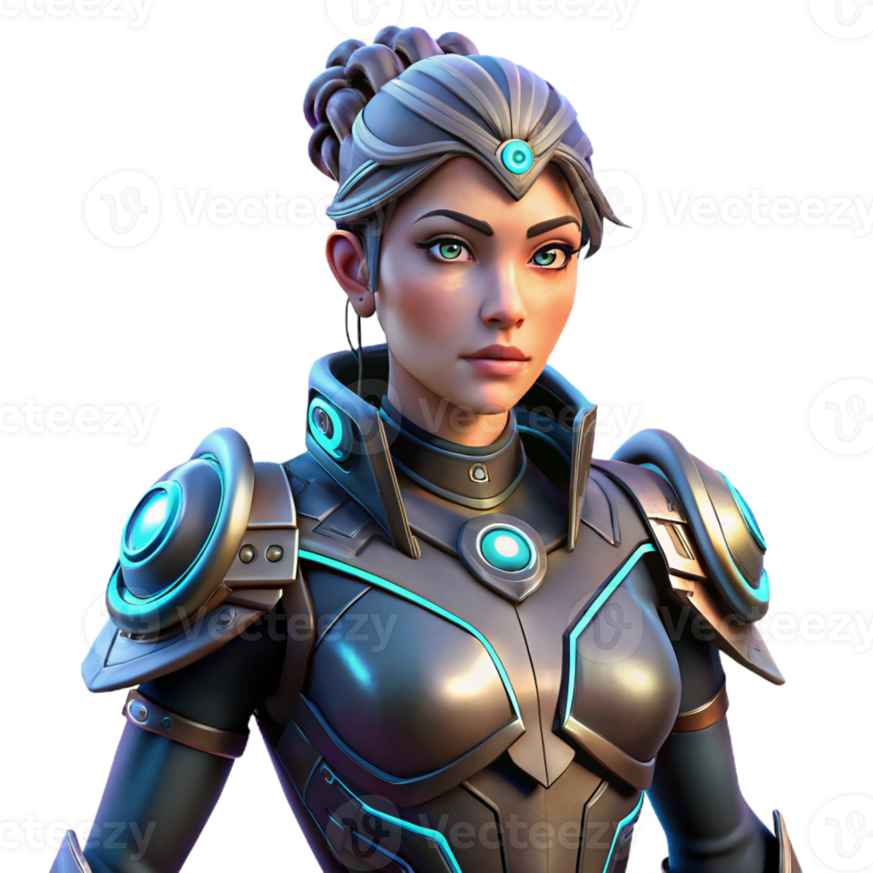 serene traditional Cyberpunk female warrior, intricate armor, glowing cybernetic implants premium png