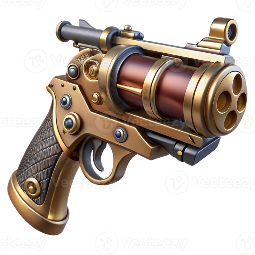 vibrant classic Steampunk pistol with an ornate grip and rotating cylinder exclusive png