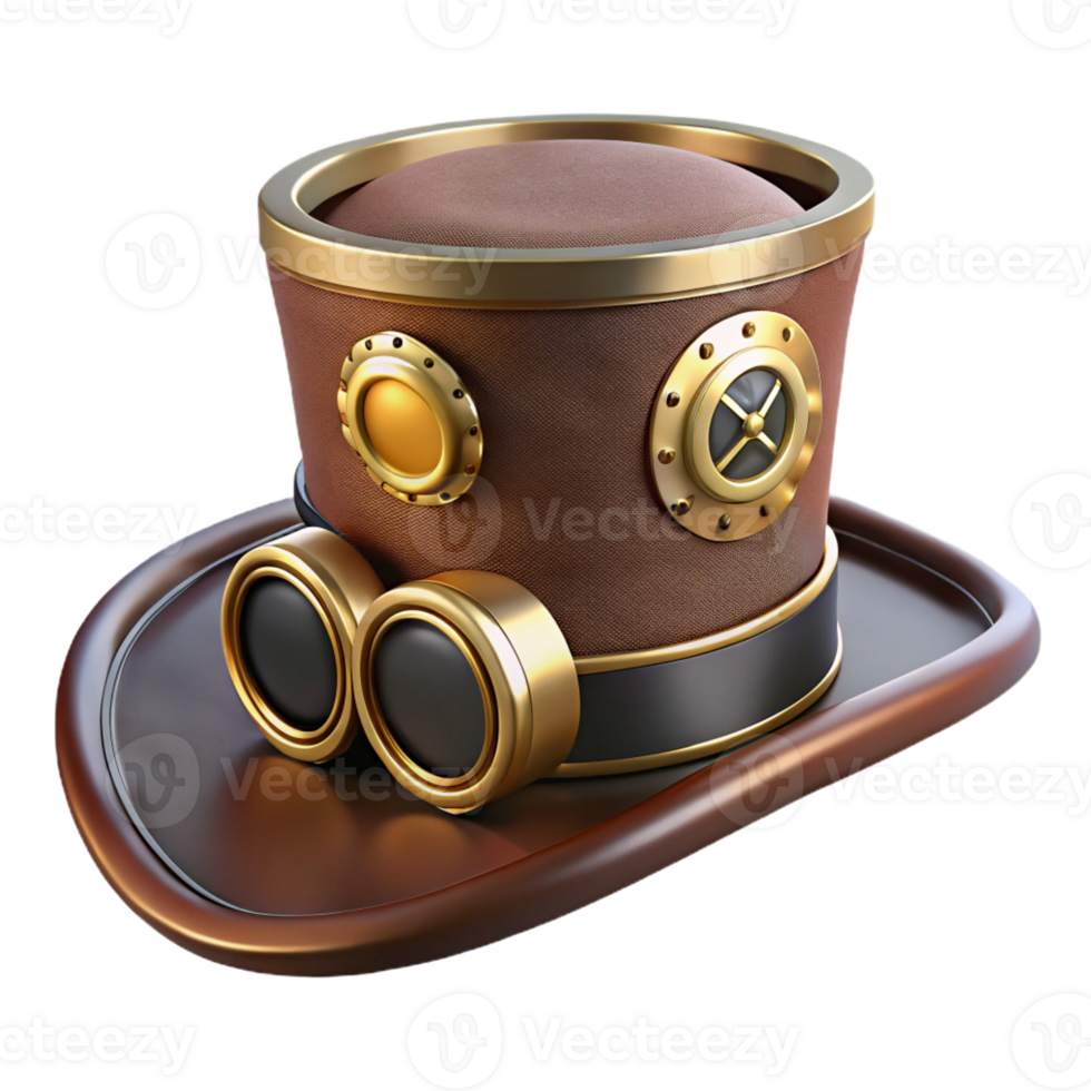 impressive creative Steampunk top hat with brass gears, goggles, and velvet trim detailed png