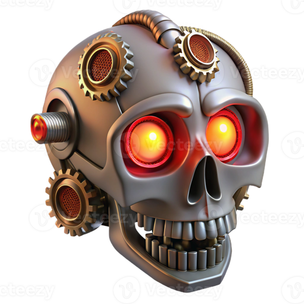 beautiful classic A steampunk skull with gears, pipes, and glowing red eyes genuine png