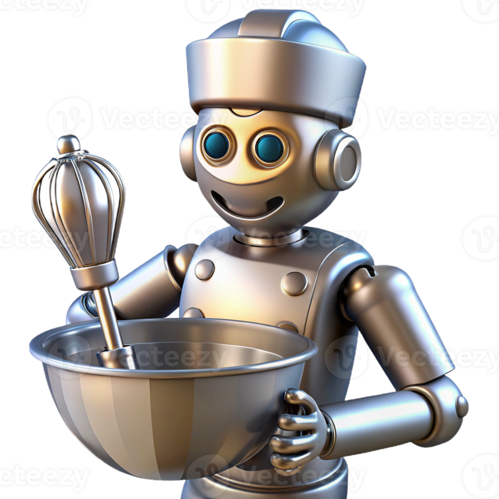 vibrant classic Robot chef, metallic, whisking bowl, culinary tools professional png