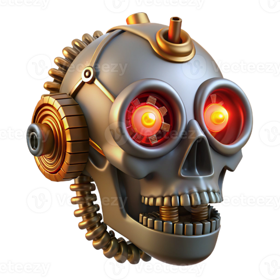 extraordinary rustic A steampunk skull with gears, pipes, and glowing red eyes genuine png