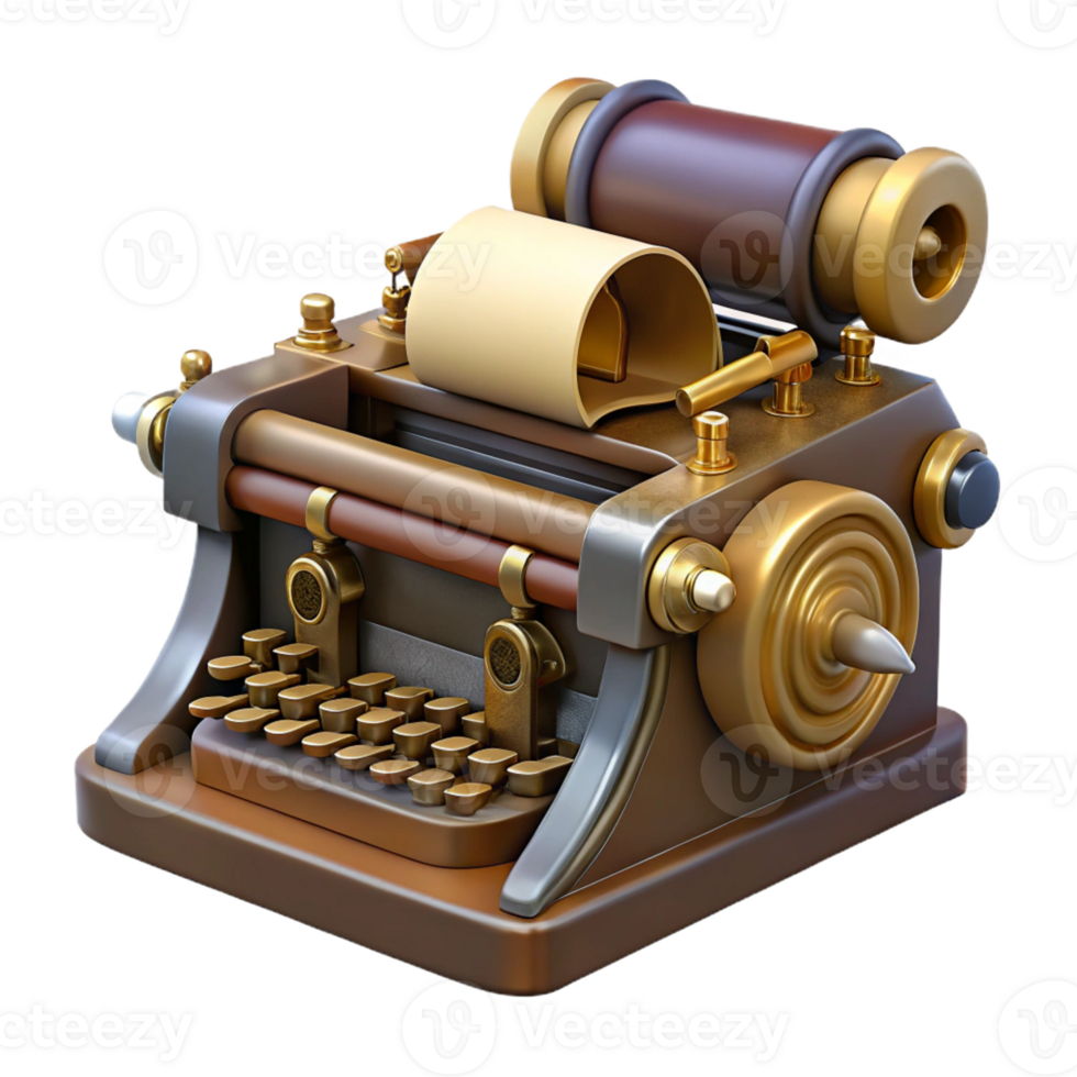impressive modern Steampunk typewriter with brass keys and a paper roll detailed png