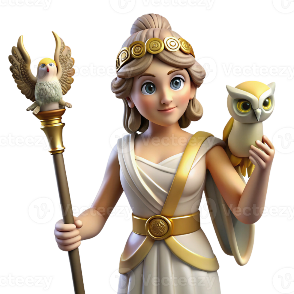 stunning abstract Athena, goddess of wisdom, holding owl, exclusive png