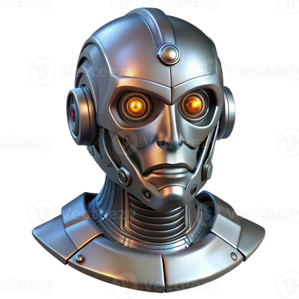 stunning abstract Cyberpunk robot head, intricate details, metallic, glowing eyes authentic png
