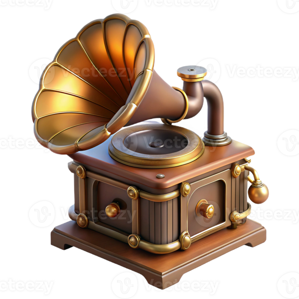 vibrant artistic Steampunk gramophone music player, isolated object authentic png