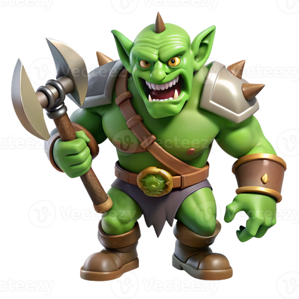 extraordinary modern A fierce, snarling orc, holding a rusty battle-axe professional png