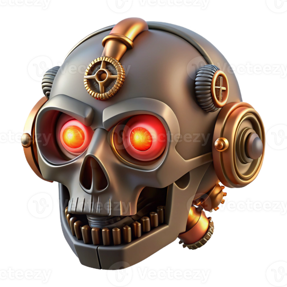 beautiful rustic A steampunk skull graphic with gears, pipes, and glowing red eyes authentic png