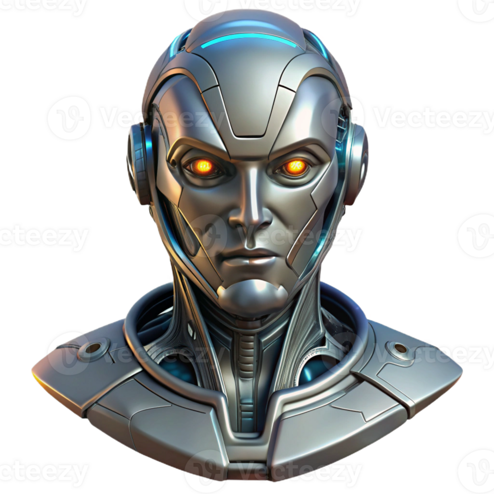 stunning rustic Cyberpunk robot head, intricate details, metallic, glowing eyes authentic png