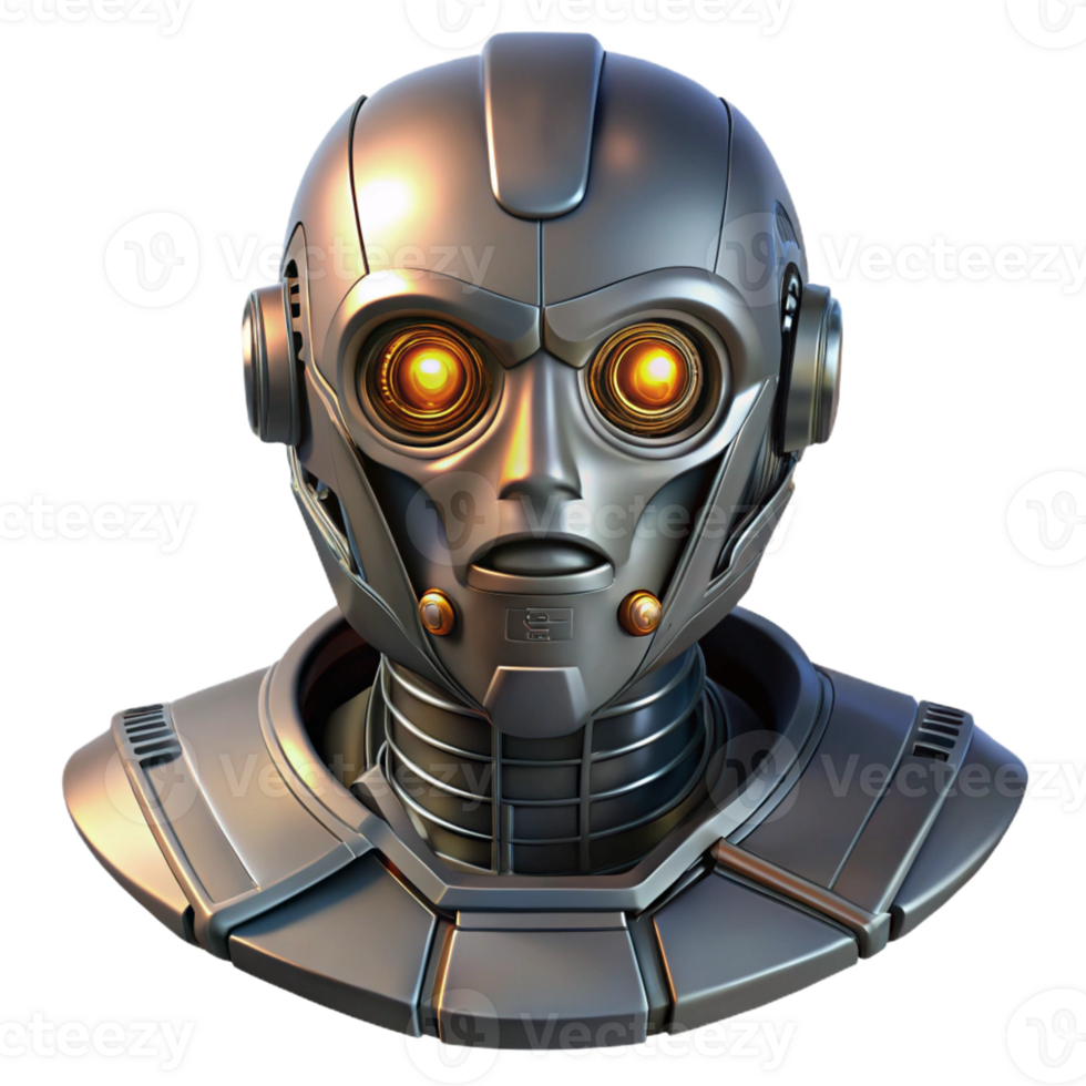 elegant classic Cyberpunk robot head, intricate details, metallic, glowing eyes 4K png