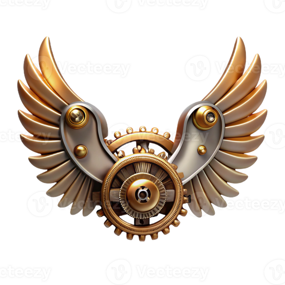 dramatic artistic Steampunk wings made of gears, clockwork, and metal feathers detailed png