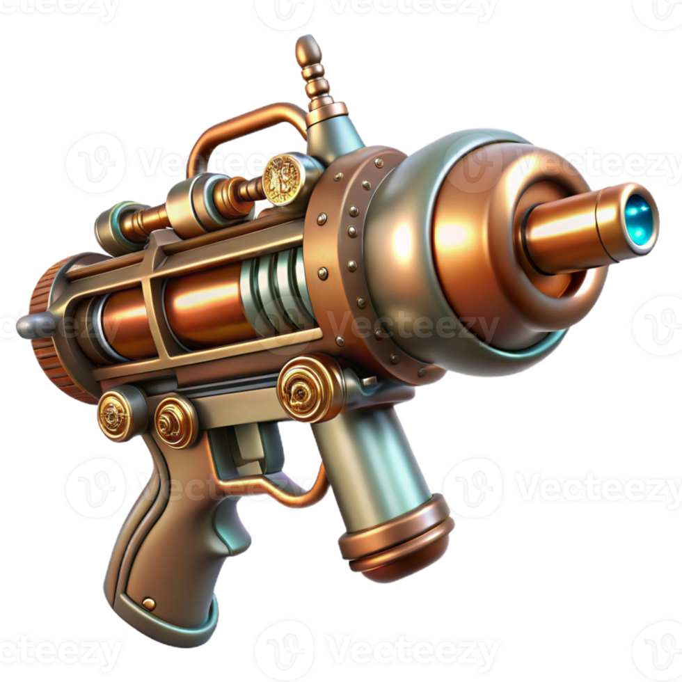 extraordinary traditional Steampunk ray gun with copper piping and glowing vacuum tubes 4K png