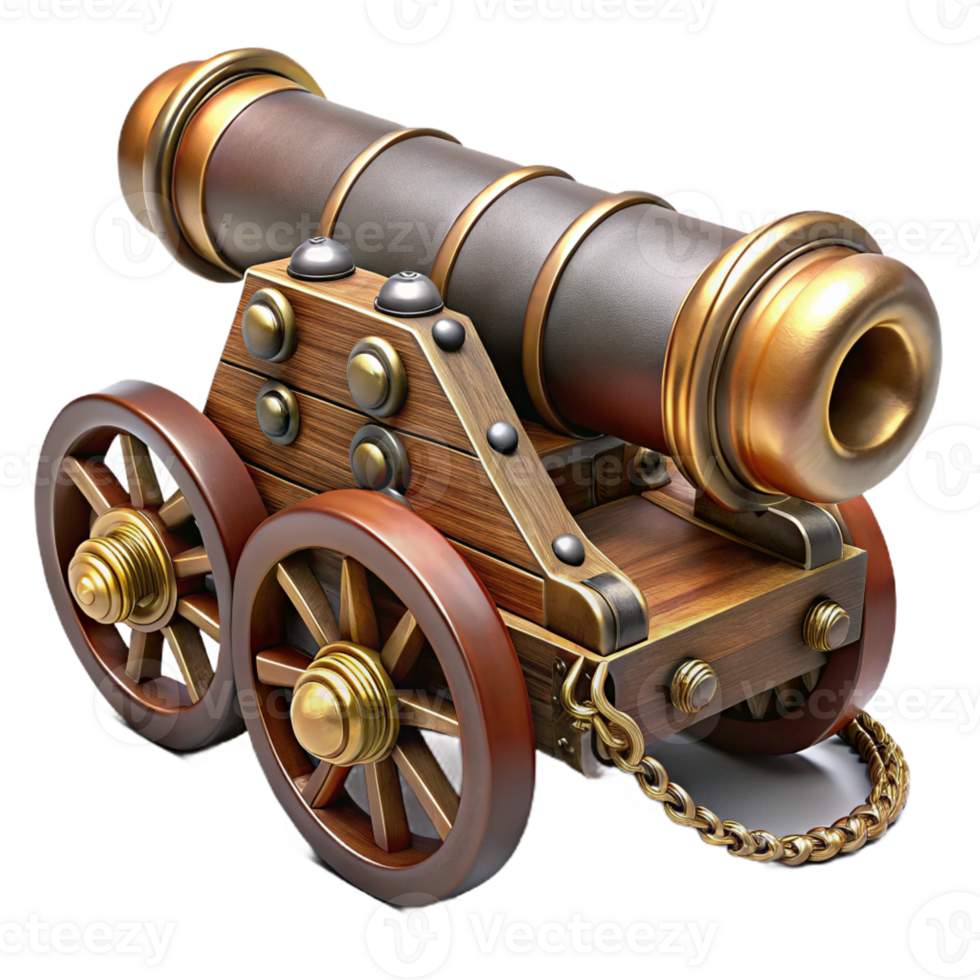 extraordinary modern A steampunk cannon with a long barrel and a wheeled carriage high quality png