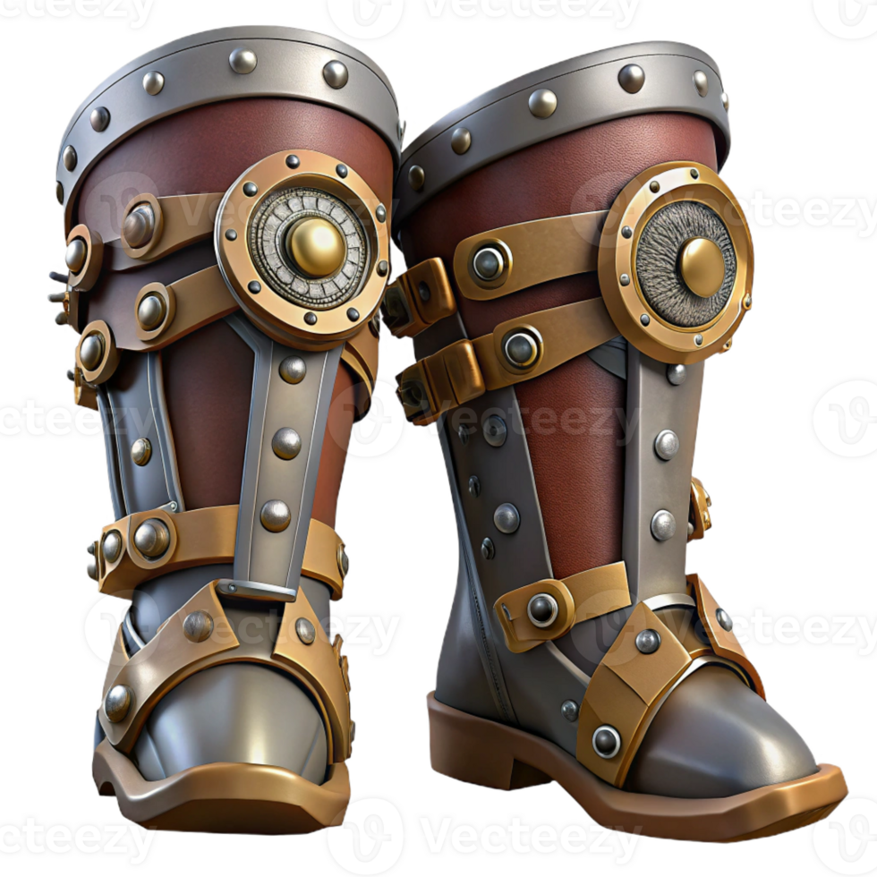 wonderful abstract Steampunk greaves with metal plates, gears, and leather straps detailed png