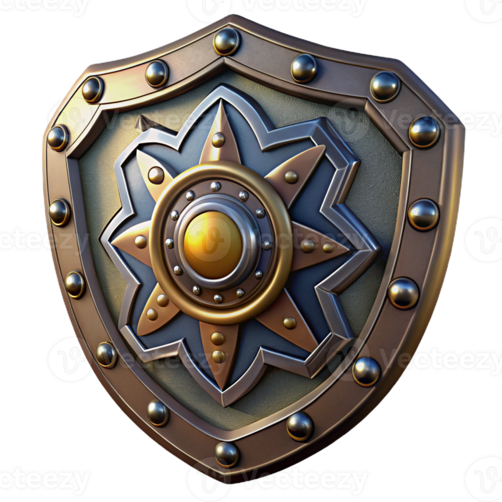 vibrant minimalist Steampunk shield with intricate metalwork and a central emblem original png
