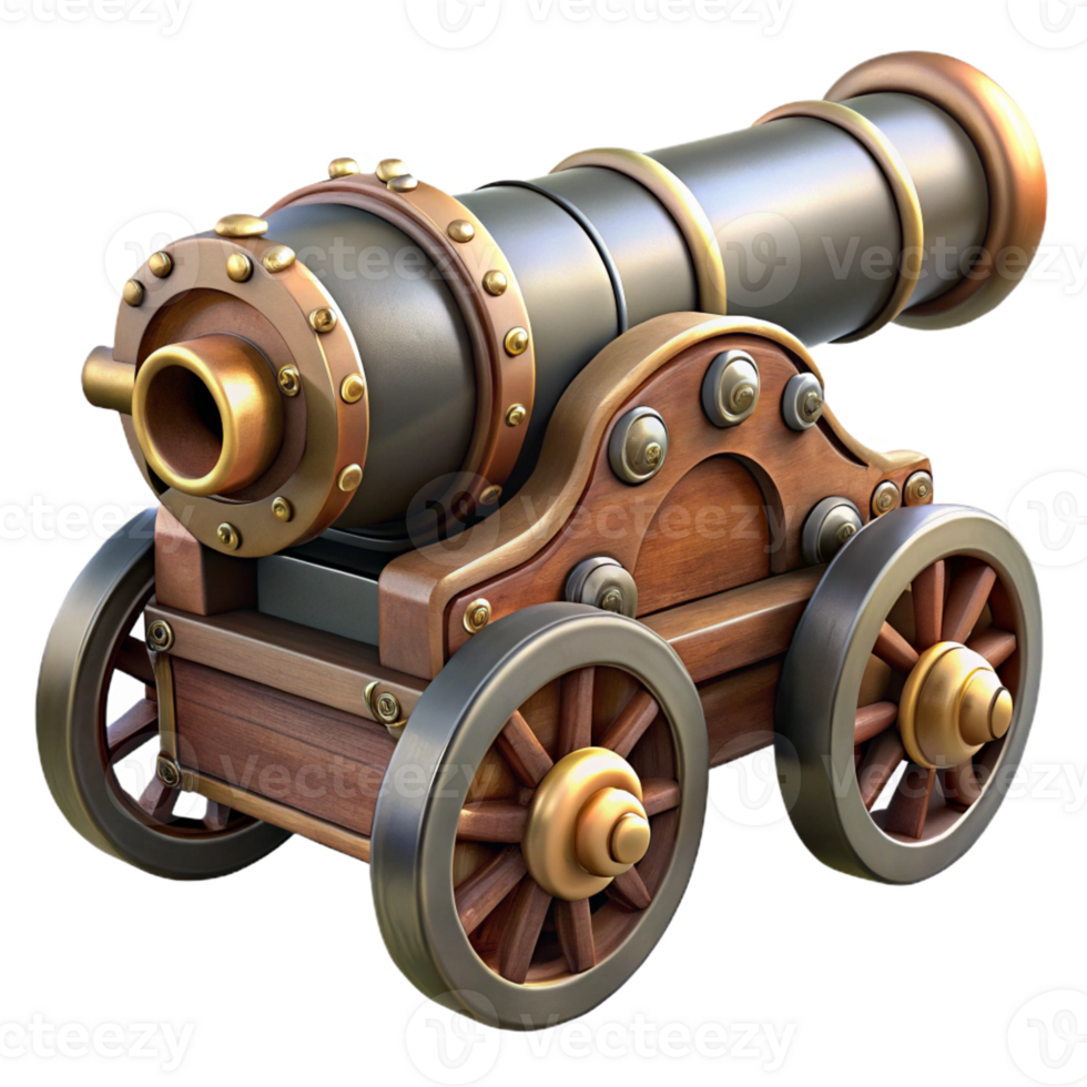 extraordinary traditional A steampunk cannon with a long barrel and a wheeled carriage 4K png