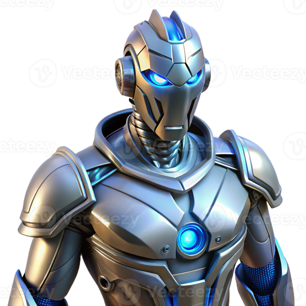 dramatic classic Futuristic Robot Warrior, intricate metallic design, glowing blue eyes premium png