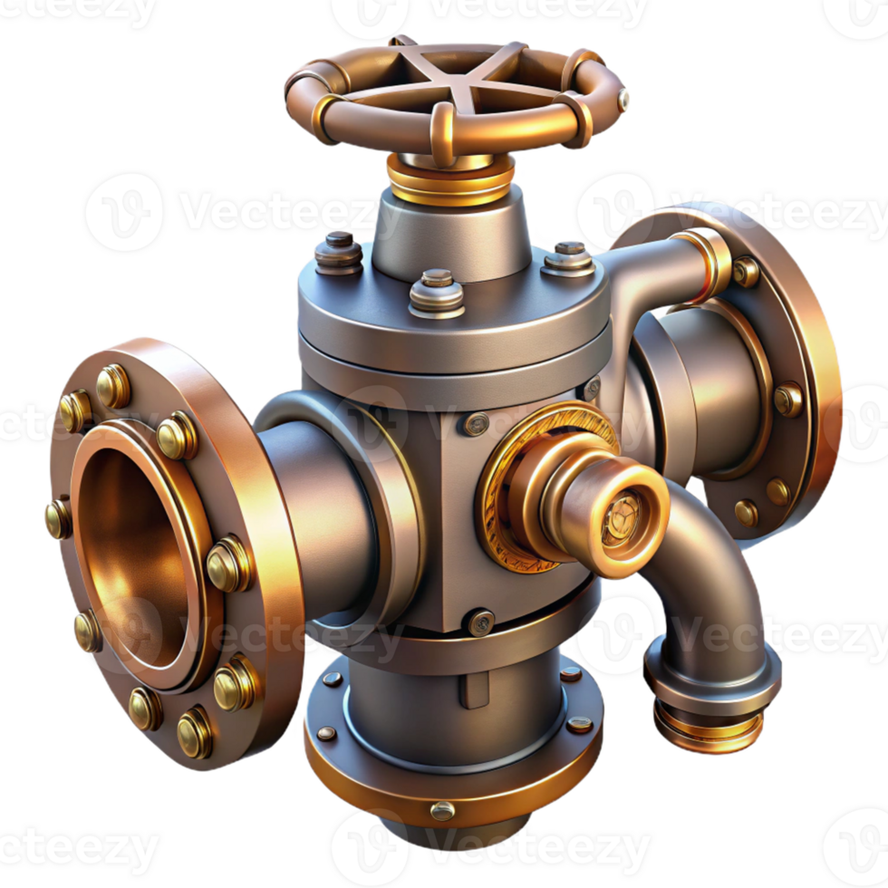 extraordinary contemporary Steampunk valve with a handle, pipe connections, and intricate details genuine png