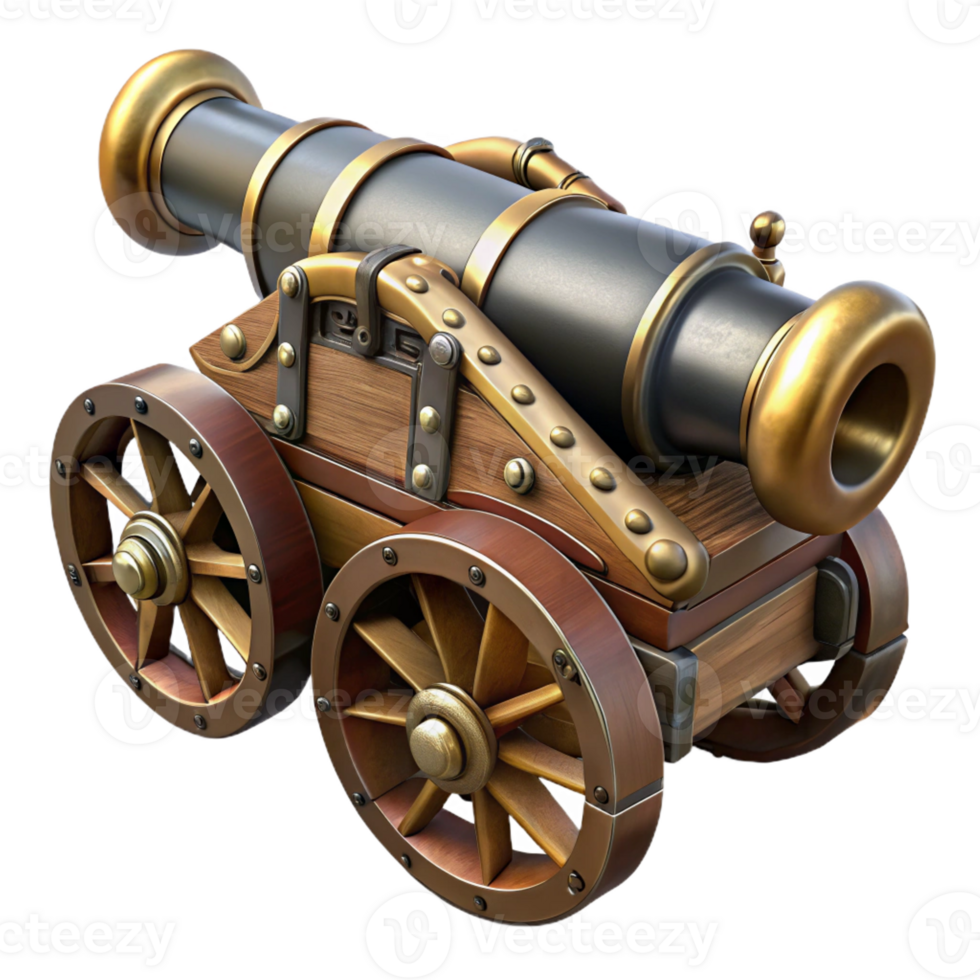 stunning traditional A steampunk cannon with a long barrel and a wheeled carriage authentic png