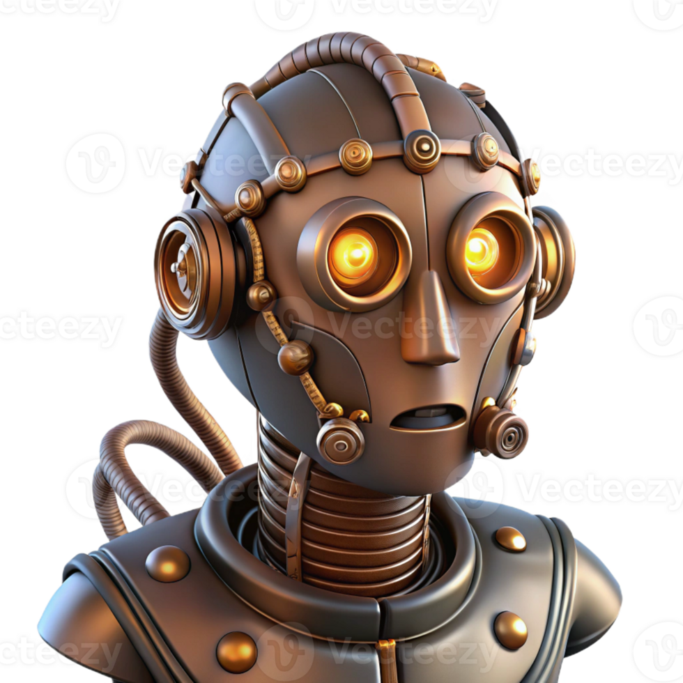 dramatic abstract Steampunk robot head with exposed wires and glowing eyes genuine png