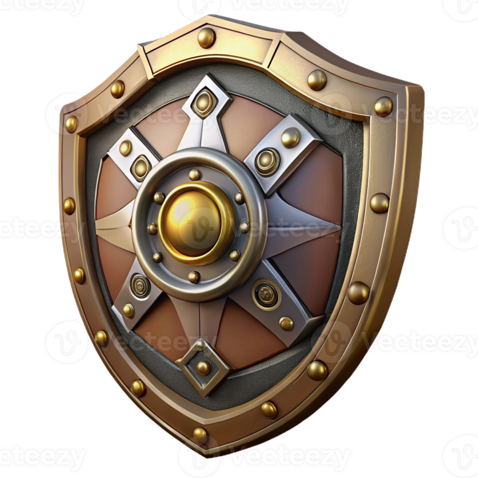 vibrant vintage Steampunk shield with intricate metalwork and a central emblem genuine png