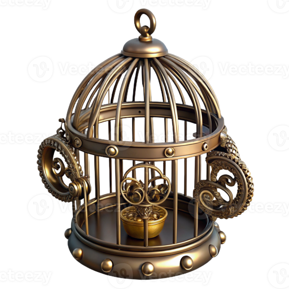 vibrant traditional A steampunk birdcage with intricate wirework and a brass perch original png