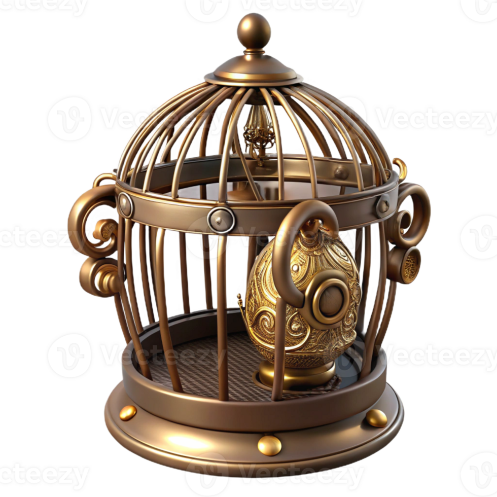 serene traditional A steampunk birdcage with intricate wirework and a brass perch exclusive png