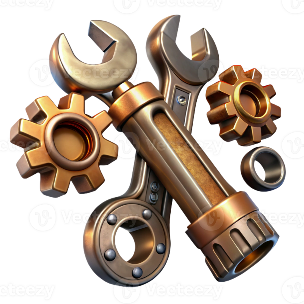 magnificent artistic Steampunk wrench set with various sizes and intricate engravings authentic png