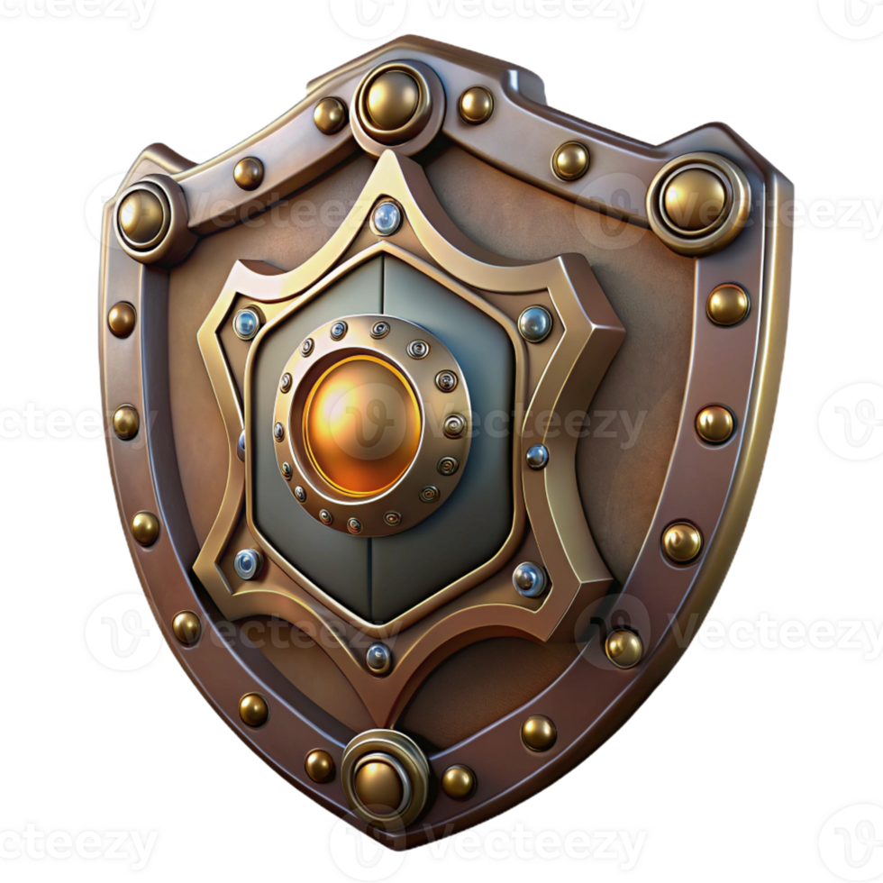 wonderful classic Steampunk shield with intricate metalwork and a central emblem exclusive png