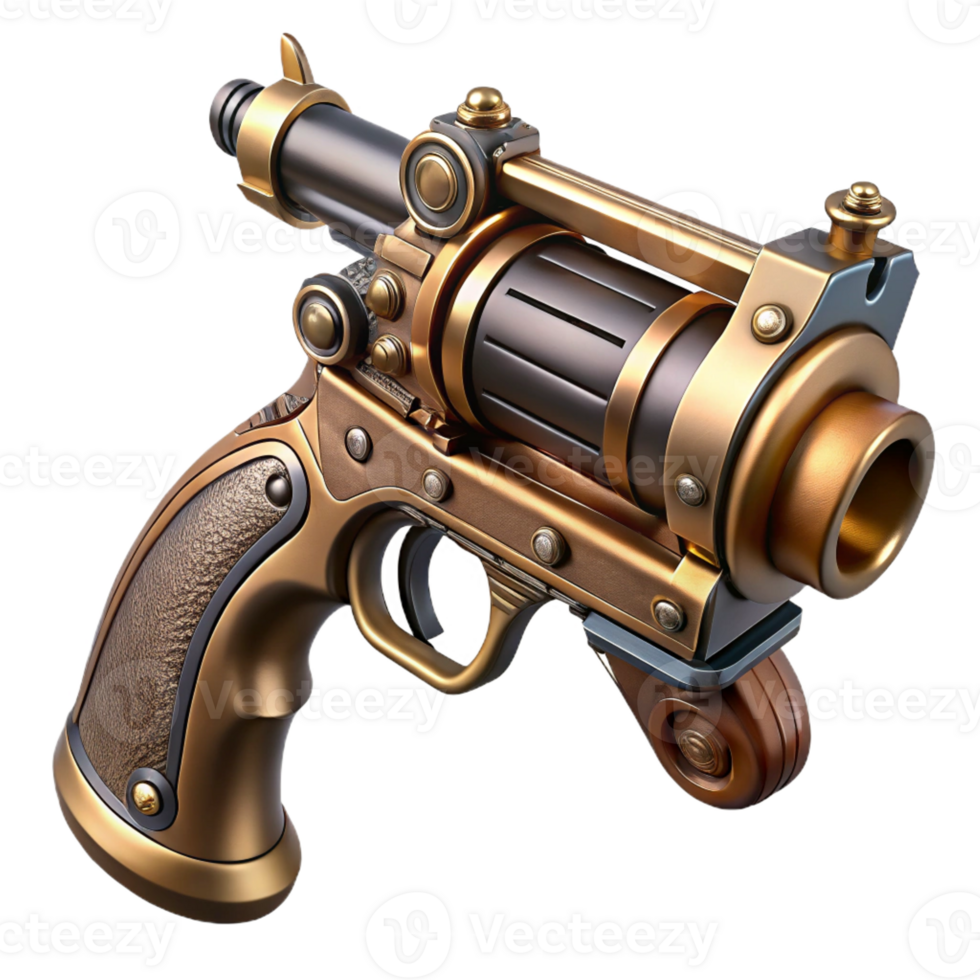 extraordinary artistic Steampunk pistol with an ornate grip and rotating cylinder exclusive png