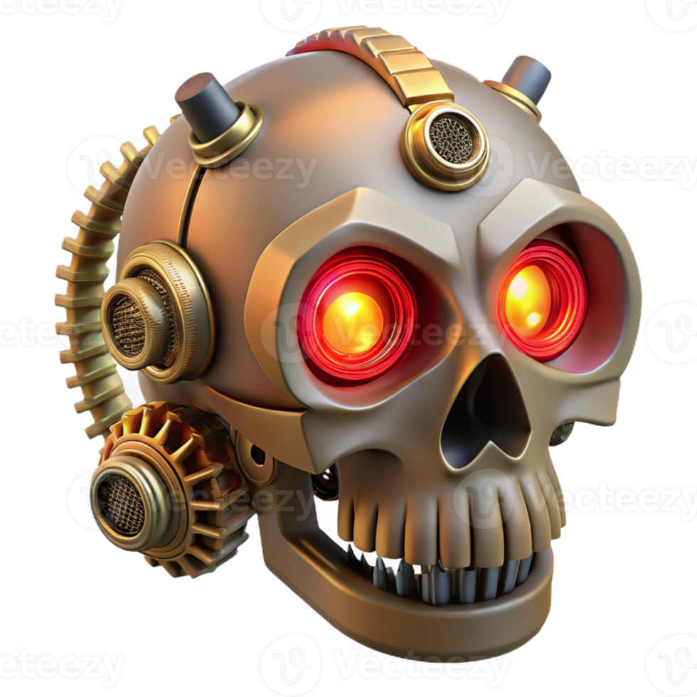 wonderful classic A steampunk skull with gears, pipes, and glowing red eyes original png