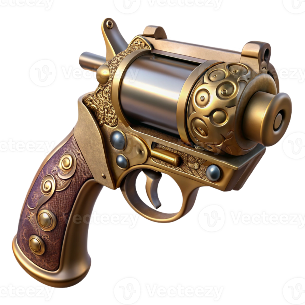 impressive contemporary Steampunk pistol with ornate engravings and a wooden grip premium png