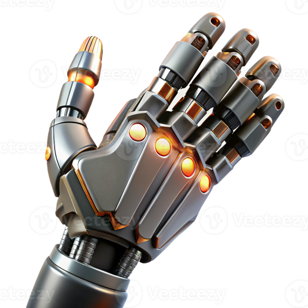vibrant creative Cyborg arm, metallic, glowing wires, realistic professional png