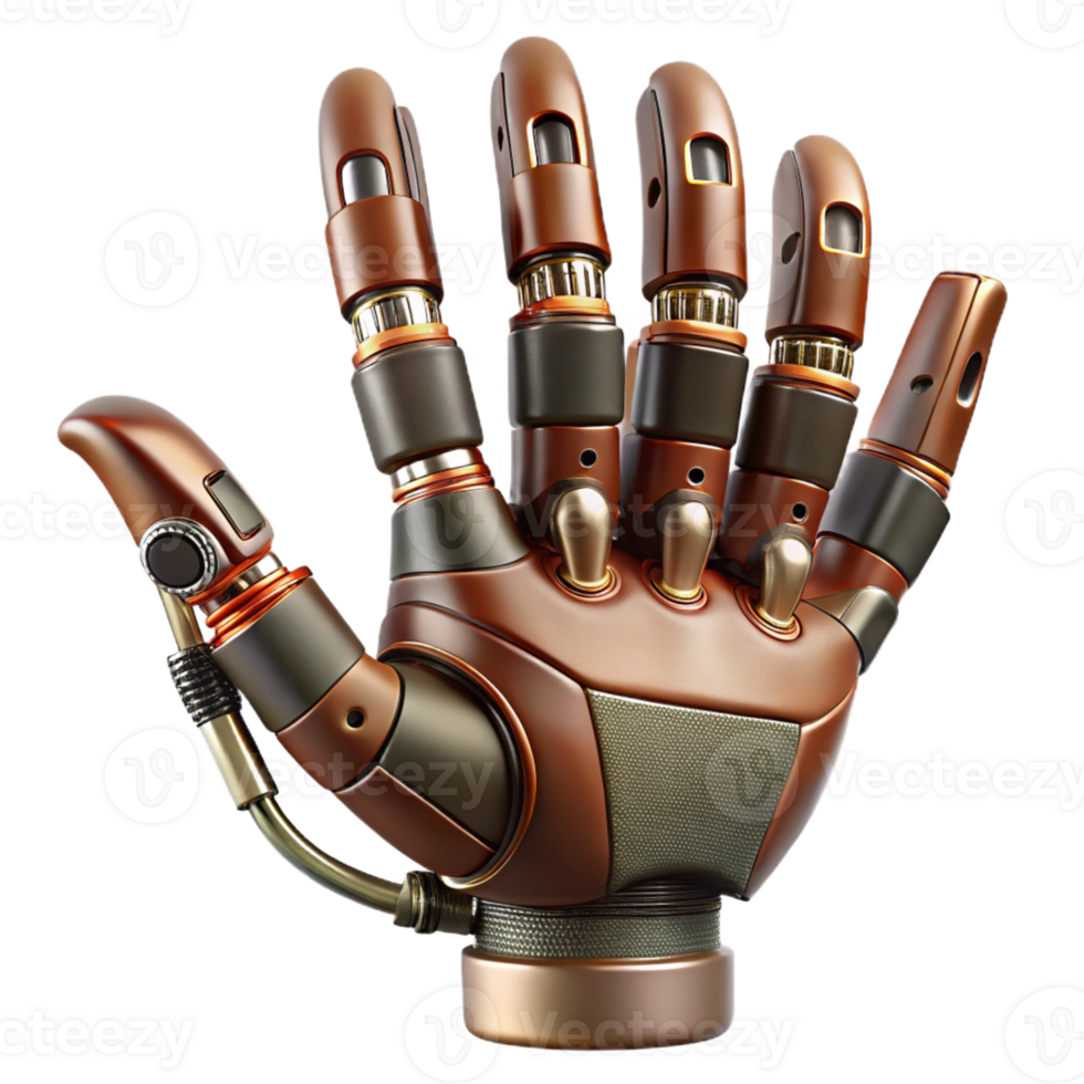 dramatic creative Steampunk robotic hand with articulated fingers and exposed wires detailed png